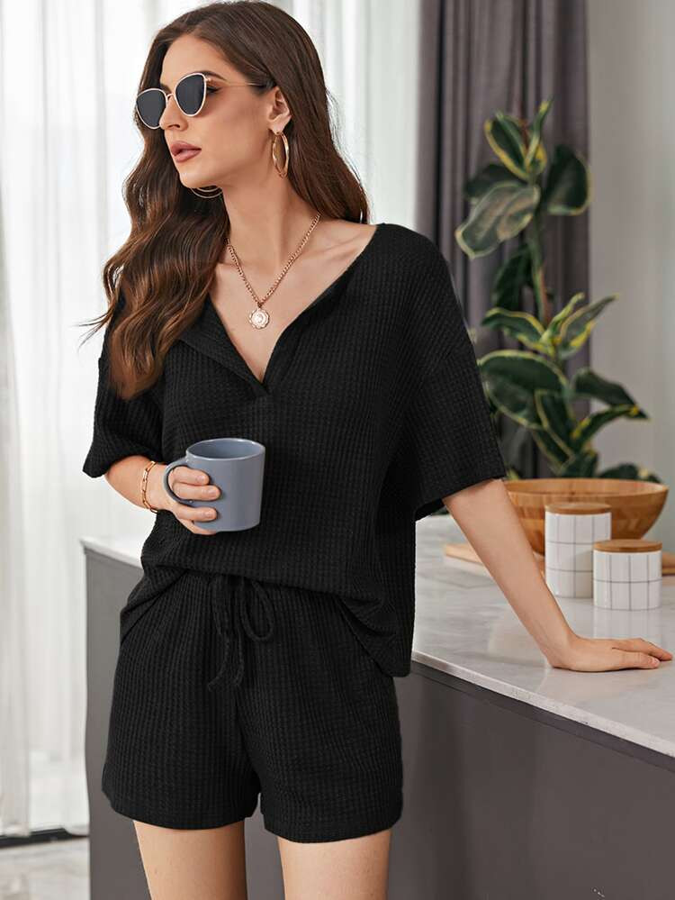 SHEIN Notch Neck Waffle Knit Top & Track Shorts Set | SHEIN