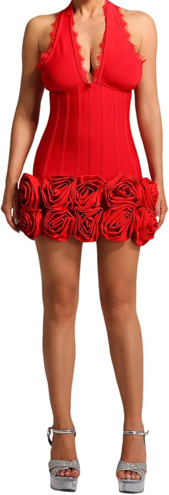 BELLA BARNETT Red Halter Neck Deep V Mini Hign End Empire Waist Bandage Dress Multi 3D Rose Hem B... | Amazon (US)