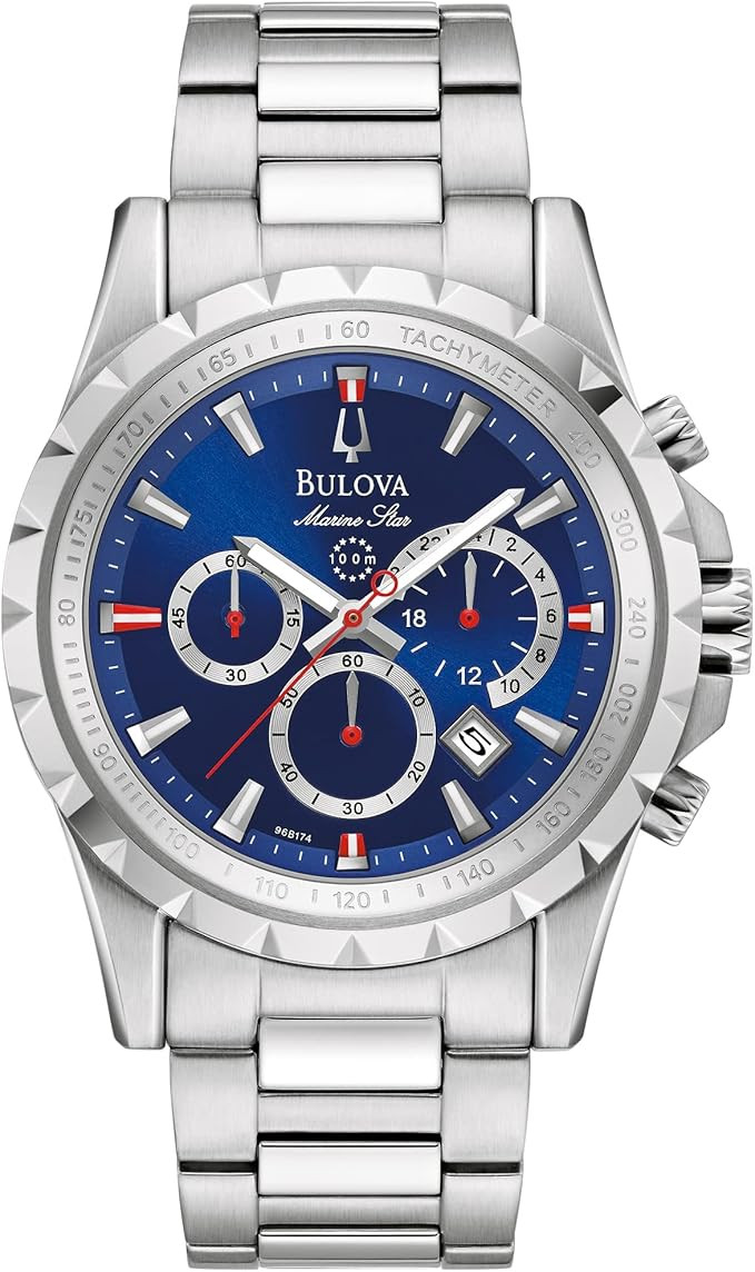 Bulova Men’s Marine Star 6-Hand Quartz Chronograph Stainless Steel Watch, Blue Dial, Tachymeter... | Amazon (US)