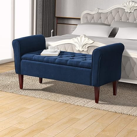 HUIMO Button-Tufted Ottoman with Arm,Storage Bench with 7.5-inch Solid Wood Legs,Upholstered Wind... | Amazon (US)