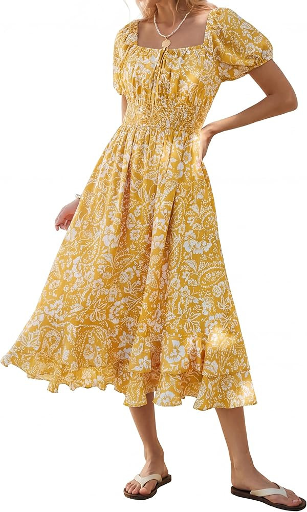 Kate Kasin Womens Summer Boho Floral Maxi Dress 2026 Square Neck Puff Sleeve Smocked Flowy A Line... | Amazon (US)
