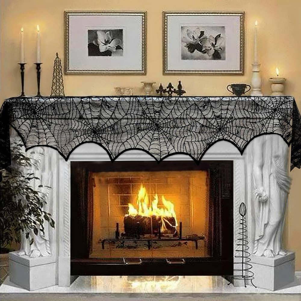 AerWo Halloween Decoration Black Lace Spiderweb Fireplace Mantle Scarf Cover Festive Party Suppli... | Amazon (US)