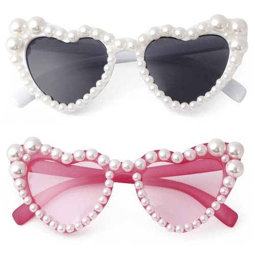 PEGH 2 Pack Kids Heart Shaped Sunglasses for Toddler Girls Pearl Party Sunglasses Cat Eye Bling Sun Glasses Age 5-10 UV 400 Protection | Amazon (US)