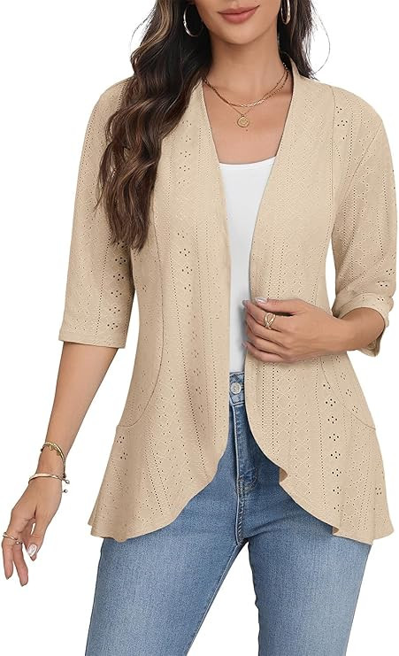 Askyes Women Cardigan 3/4 Sleeves Open Front Lightweight Soft Netted Knit Draped Ruffles Cardigan... | Amazon (US)