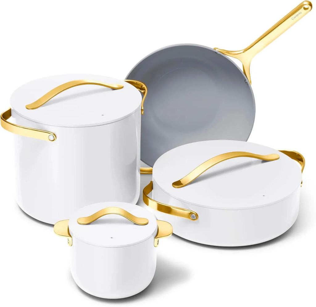 Caraway Cookware+ Collection - Specialty Cookware Set - Petite Cooker, Stir Fry Pan, Rondeau, & Stock Pot - 3 Lids & Storage Organizer Included - White | REBEL (formerly Rebelstork)