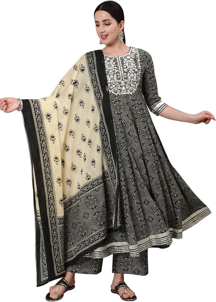 DREAMANGEL FASHION Womens Cotton Embroidered Party Wear Kurta and Palazzo With Dupatta | Amazon (US)