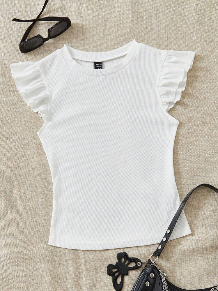 Soleia Camiseta De Punto Blanco Con Textura Estriada Y Ribete De Volantes, Ideal Para Vacaciones | SHEIN