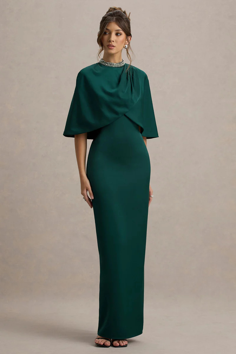 Diletta  Bottle Green Cape Maxi Dress | Club L London