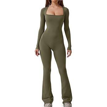 QINSEN Jumpsuits for Women Square Neck Wide Leg Full Length Romper Playsuit | Amazon (US)