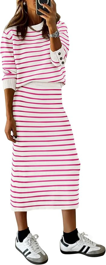 PRETTYGARDEN 2 Piece Skirts Sets for Women Fall Fashion 2026 Striped Sweater Dress Knit Lounge Tr... | Amazon (US)