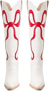Women's Cowboy Boots With Colorful Bows Embroidered White Knee-High Cowboy Boots Fashion Almond T... | Amazon (US)