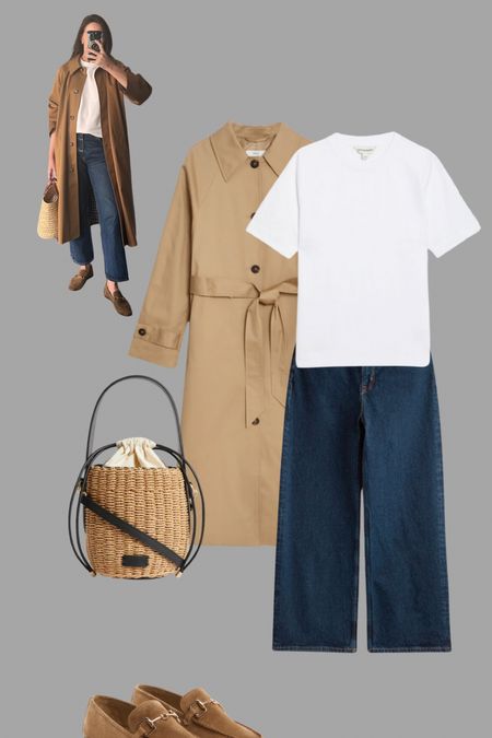 A simple spring go to. Sézane camel trench with dark straight cropped jeans. Tan loafers, my favourite white tee and a small basket bag x

#LTKSeasonal #LTKover40