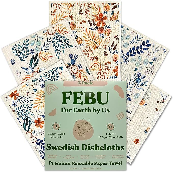 FEBU Swedish Dishcloths for Kitchen - 5 Pack, Fresh Flowers, Reusable, Washable, Biodegradable, N... | Amazon (US)