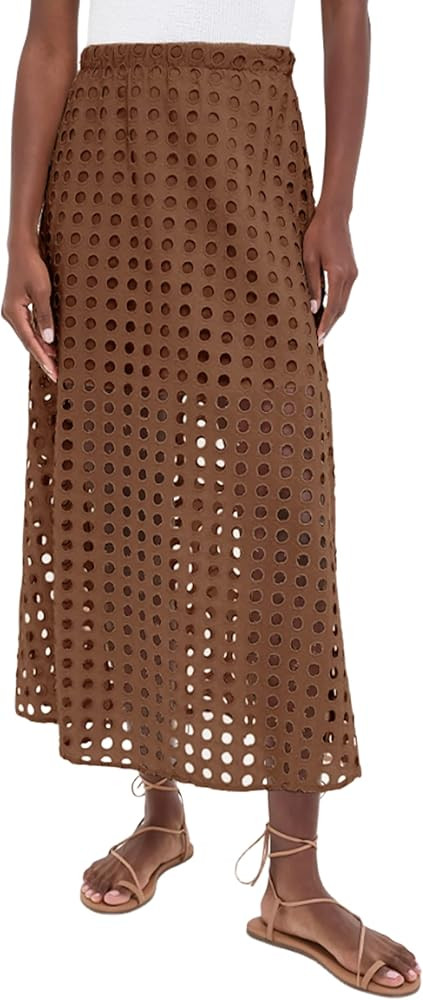 Ailoqing 2025 Summer Casual Long Skirt for Women Cotton Eyelet Beach Maxi Skirt with Underneath | Amazon (US)