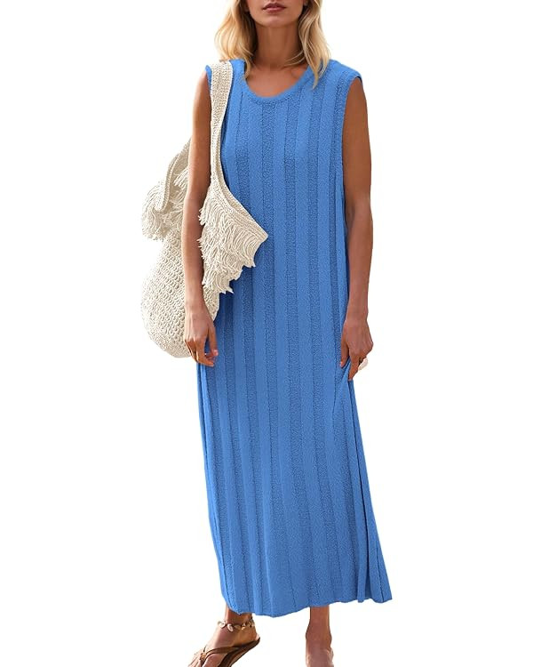 Fisoew Women's Summer Sleeveless Maxi Dress Scoop Neck Ribbed Knit Tank Top Dresses | Amazon (US)
