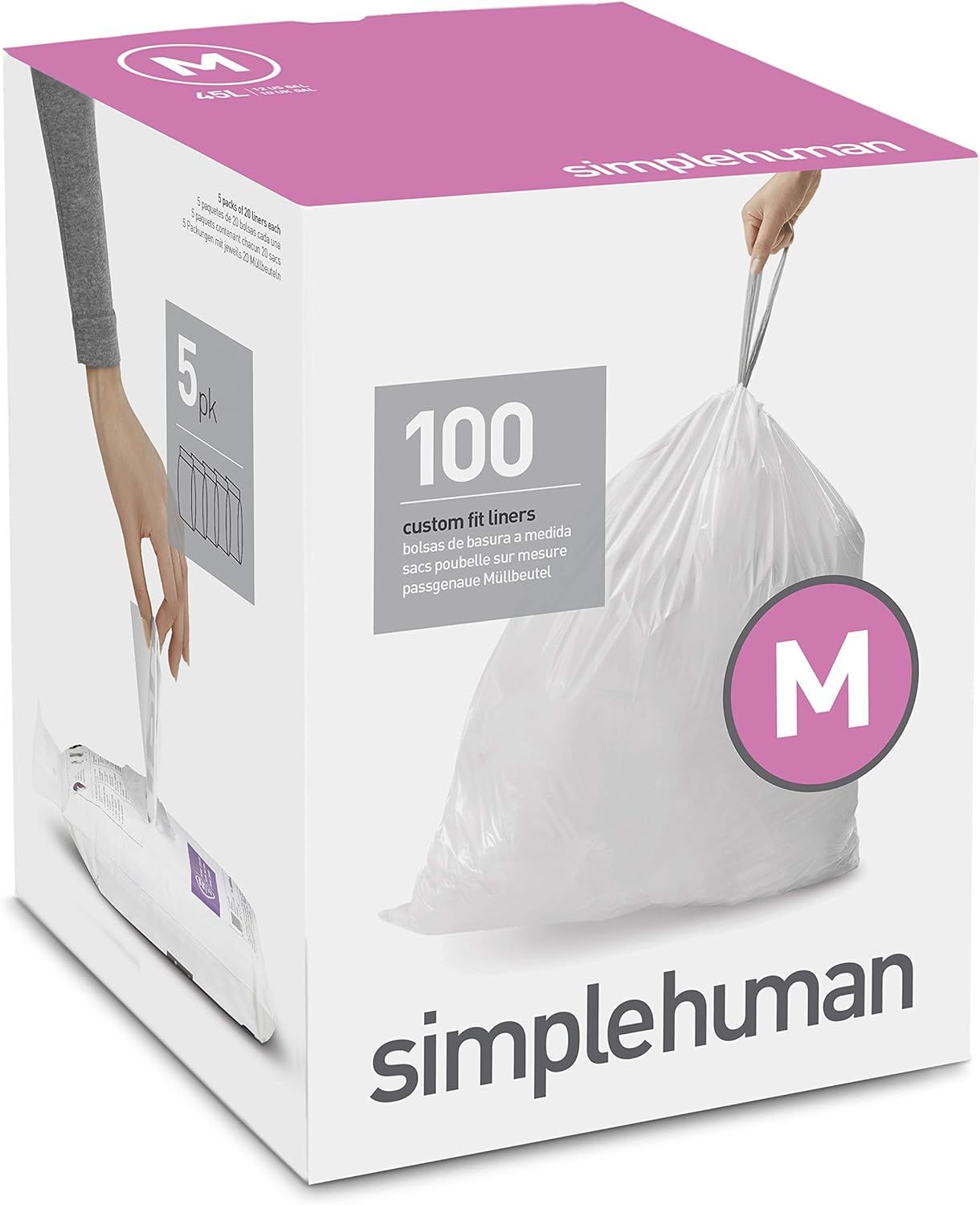 simplehuman Code M Custom Fit Drawstring Trash Bags 45 Liter / 12 Gallon, 100 Count, White | Amazon (US)