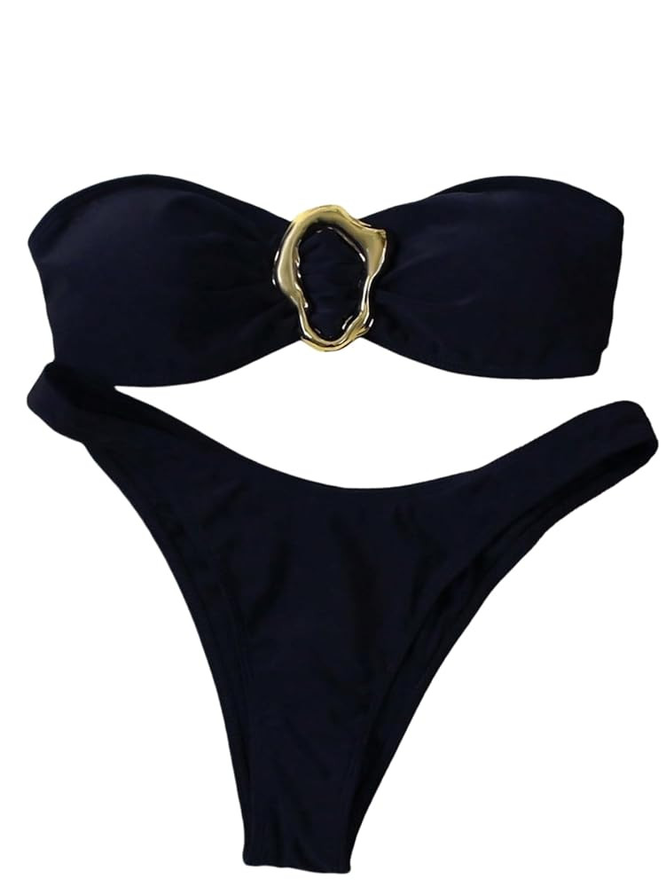 SHENHE Women's 2 Piece Strapless Swimsuits High Cut Metal Ring Tube Top Bandeau Bikini Set | Amazon (US)