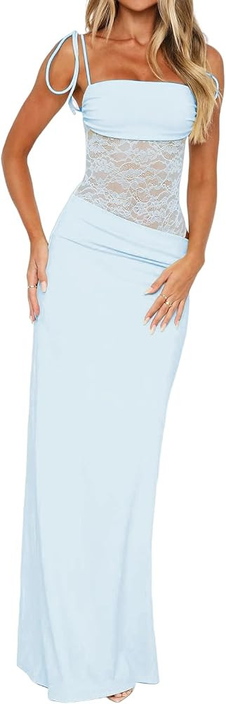 Women's Lace Splicing Cutout Maxi Dress Square Neck Sleeveless Bodycon Long Dress with Sheer Cors... | Amazon (US)