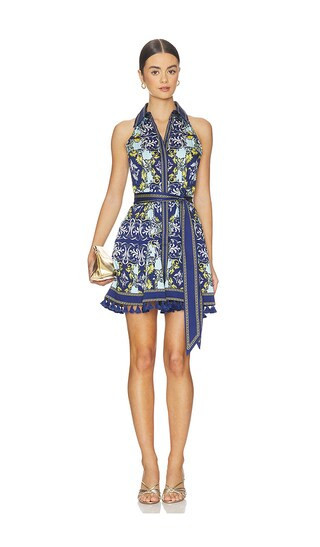Alice + Olivia Lucy Halter Neck Mini Shirt Dress in Blue. - size 10 | Revolve Clothing (Global)