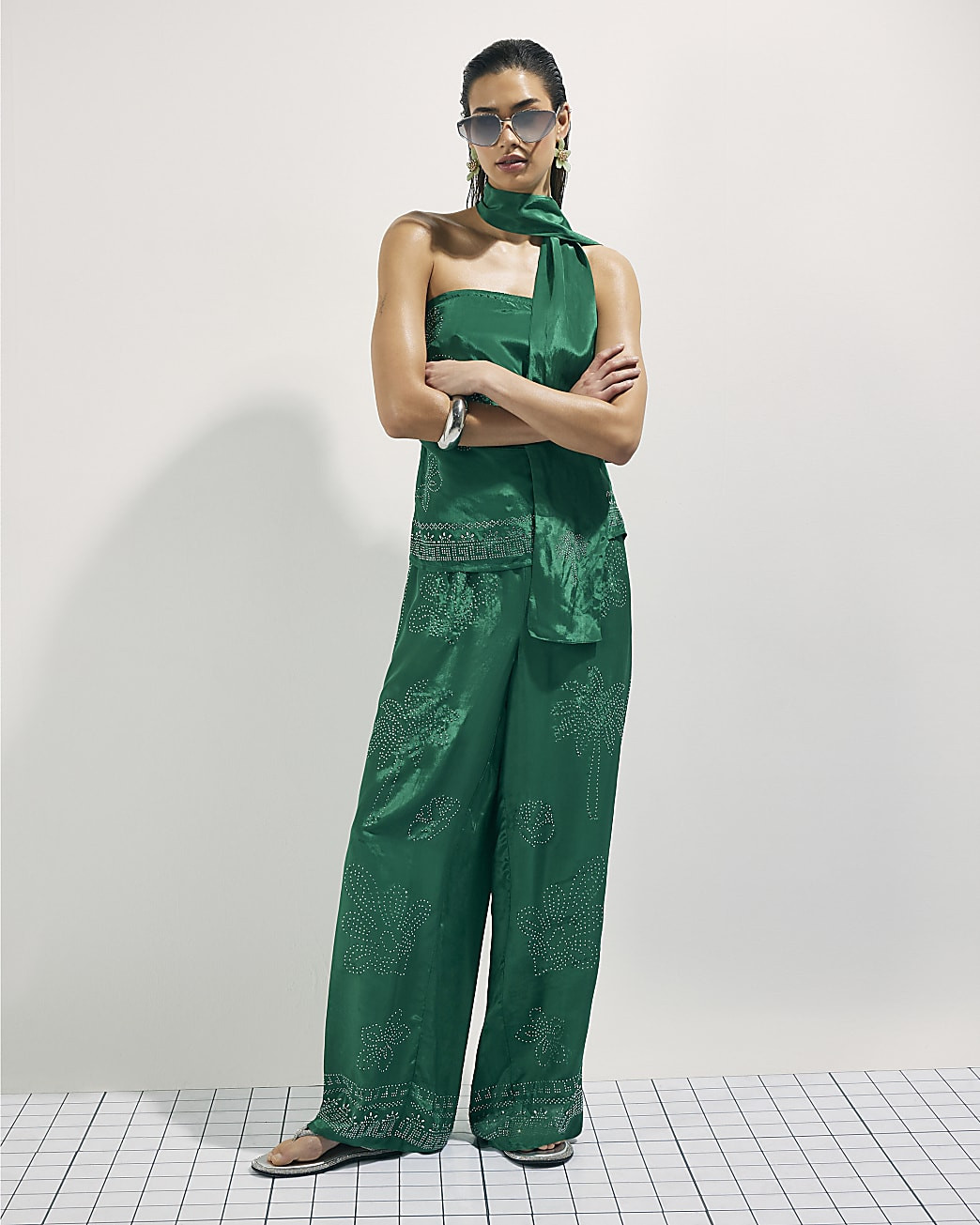 Green Embellished Wide Leg Trousers | River Island UK & IE