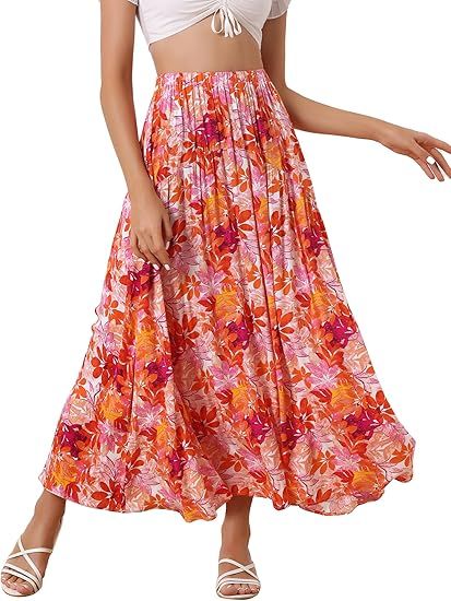 Allegra K Women's Floral Skirt Elastic High Waist Bohemian Beach A-line Maxi Boho Skirts | Amazon (US)