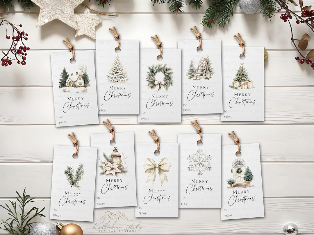 White Christmas Gift Tag Set: Country Favor Tags Farmhouse Woodland Rustic Labels Printable KB15S... | Etsy (US)