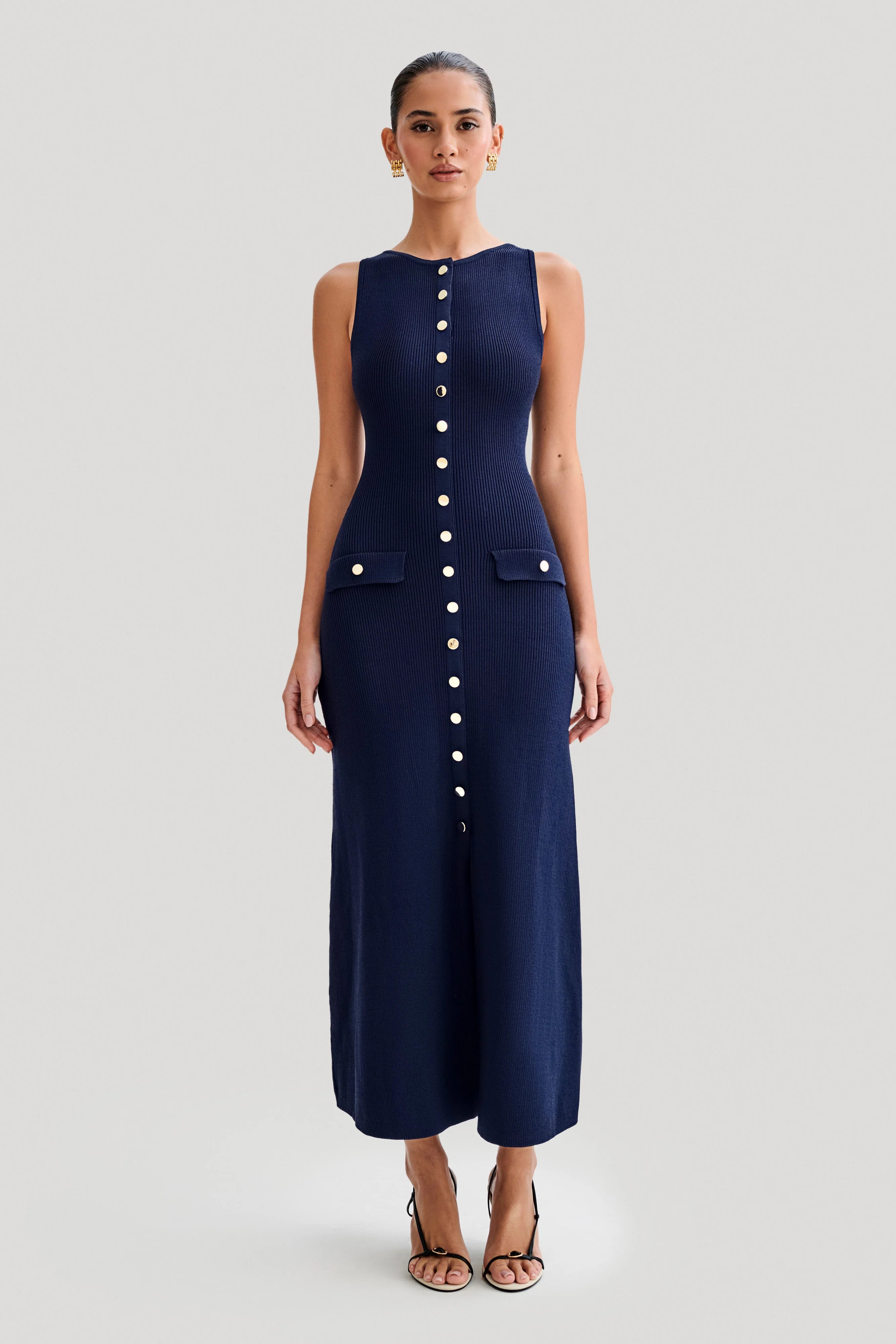 Sawyer Sleeveless Buttoned Maxi Dress - Navy | MESHKI US