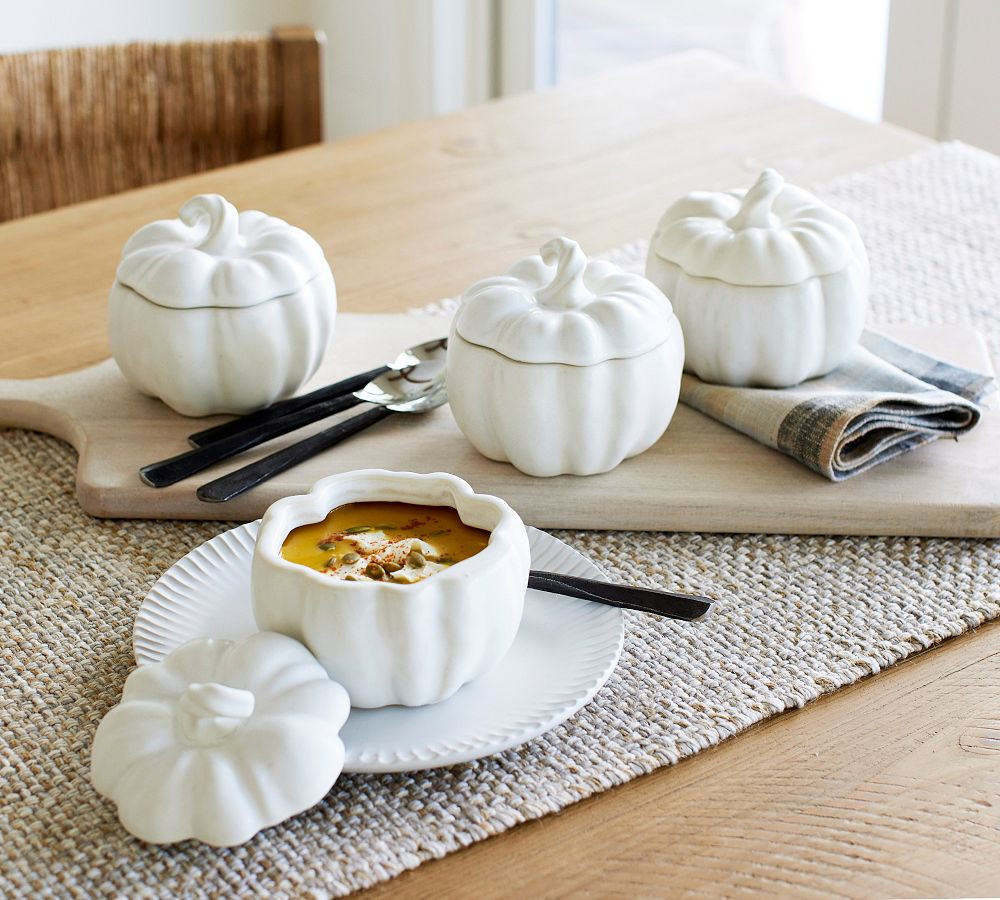 Pumpkin Stoneware Lidded Soup Bowls - Set of 4 | Pottery Barn (US)