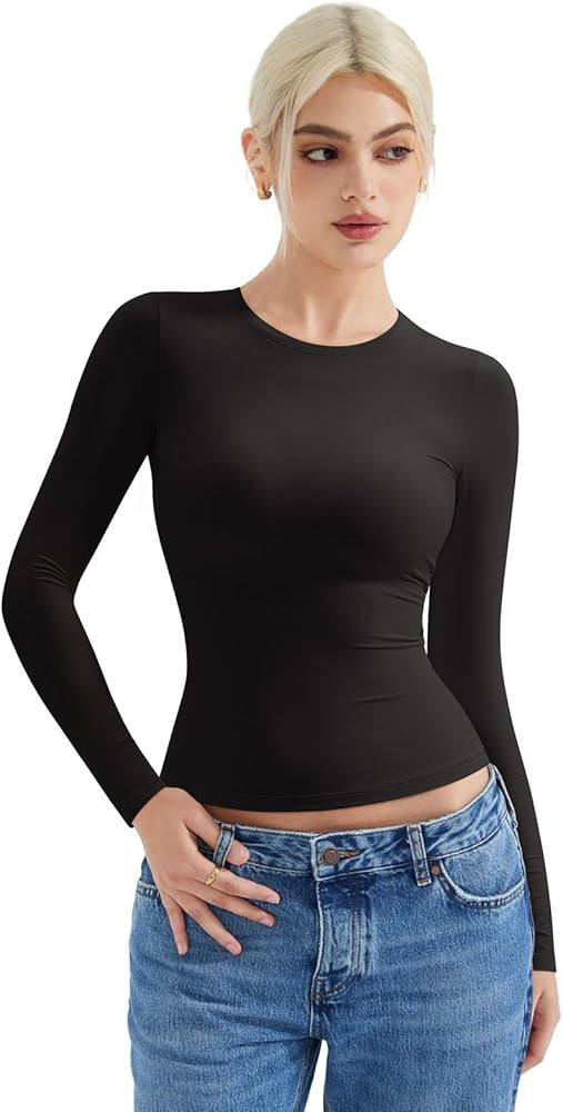 SUUKSESS Women Double Lined Fitted Basic T Shirts Crew Neck Long Sleeve Crop Top | Amazon (US)