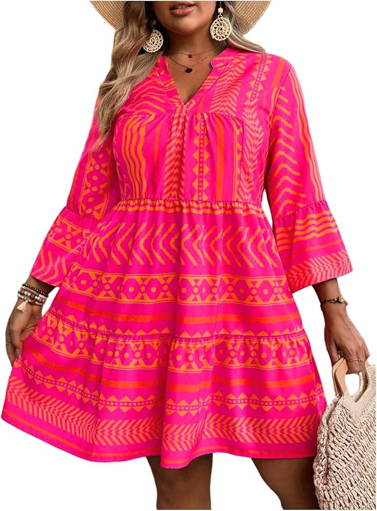 Verdusa Women's Plus Size Boho Dress Western Dress Floral V Neck Loose 3/4 Sleeve Dress Country V... | Amazon (US)