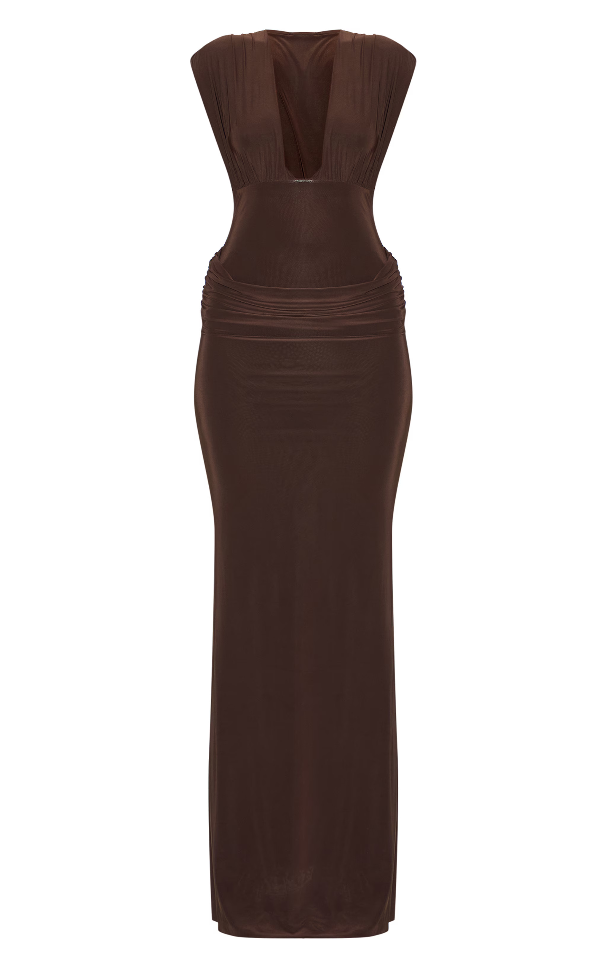 Chocolate Brown Double Layer Plunge Ruched Shoulder Drape Waist Maxi Dress | PrettyLittleThing US