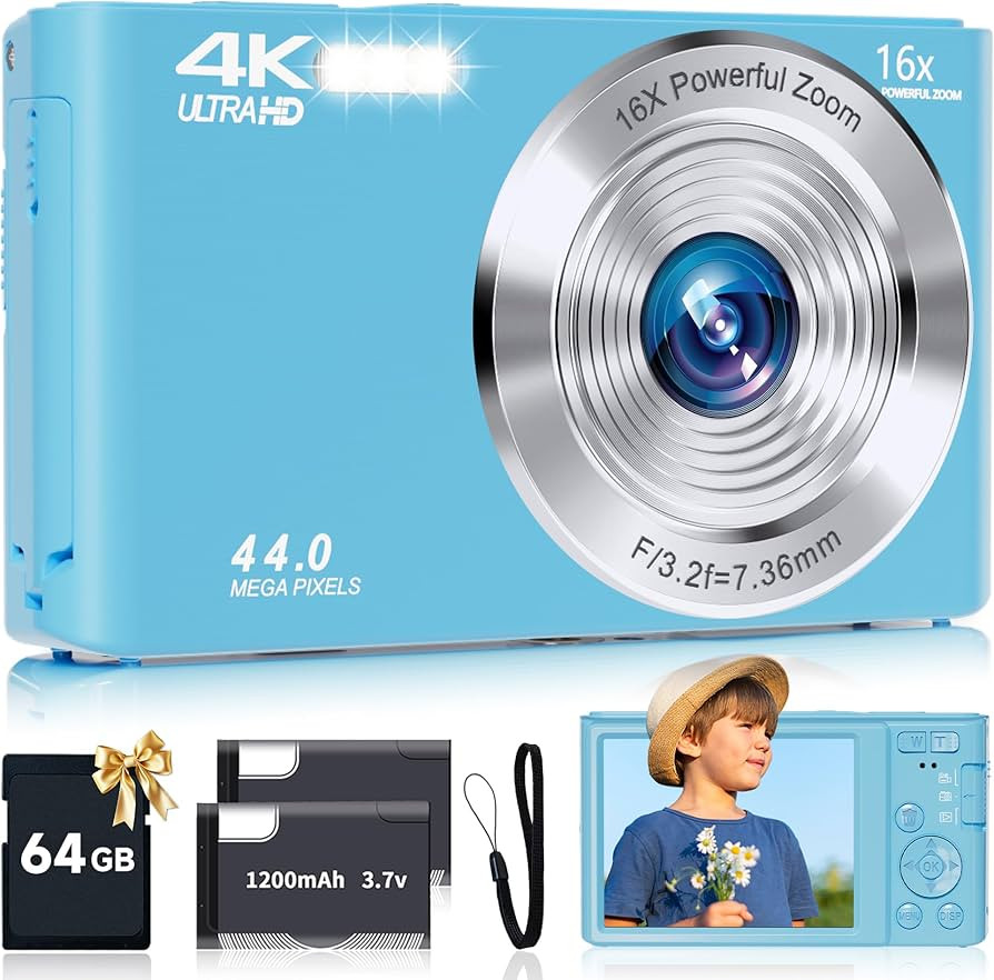 SMARTKLIK Digital Camera for Teens, FHD 4K 44MP with 64GB SD Card, 16X Digital Zoom, Compact Poin... | Amazon (US)
