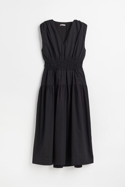 Sleeveless, calf-length dress in woven cotton fabric. V-neck, smocking at waist, gathered seam at... | H&M (US + CA)