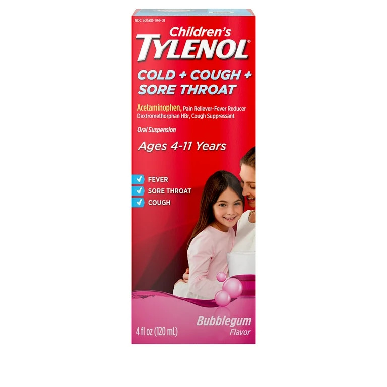 Children's Tylenol Cold, Cough, and Sore Throat, Bubblegum, 4 fl. oz - Walmart.com | Walmart (US)
