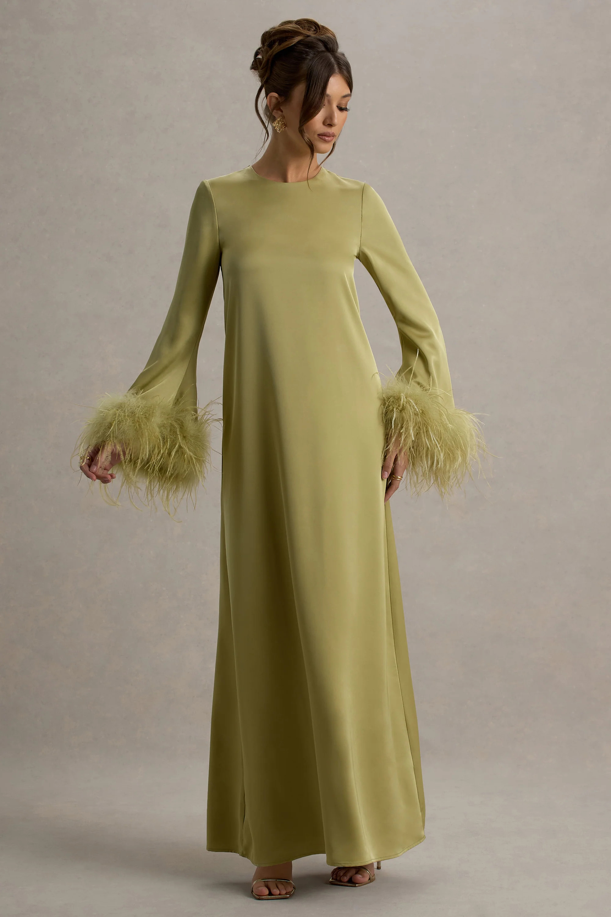 Adella | Light Green Satin Feather-Trim Maxi Dress | Club L London