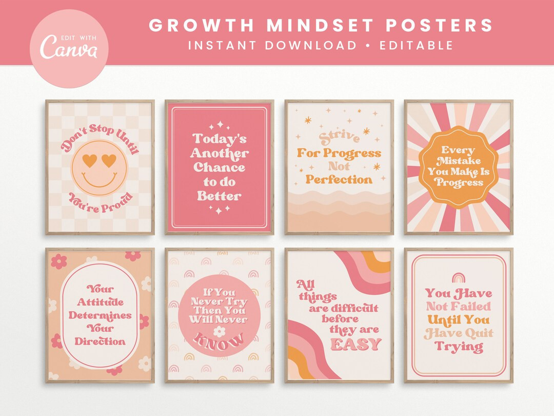 Growth Mindset Editable Classroom Printable Posters, Groovy Retro Peach Classroom Decor, INSTANT ... | Etsy (US)