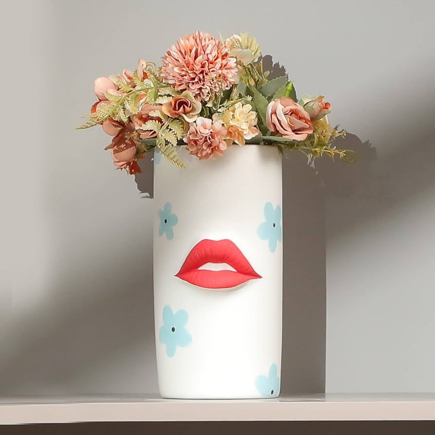 Ceramic Vase for Home Decor, Adornite Artistic Vase with Red Lip and Small Flowers, Pampas Grass ... | Amazon (US)