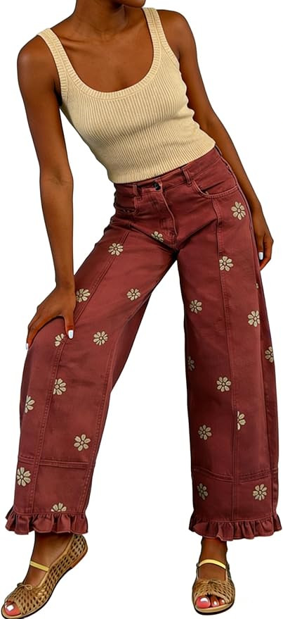 utcoco Barrel Jeans Women 2026 Floral Print Wide Leg Jeans Y2k Patchwork Baggy Boyfriend Denim Pa... | Amazon (US)