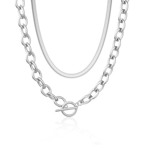 CHESKY Chunky Silver Necklace for Women, Trendy Silver Plated Layered Paperclip Chain Necklace Thick Herringbone Link Chain Toggle Necklaces Non Tarnish Jewelry | Amazon (US)