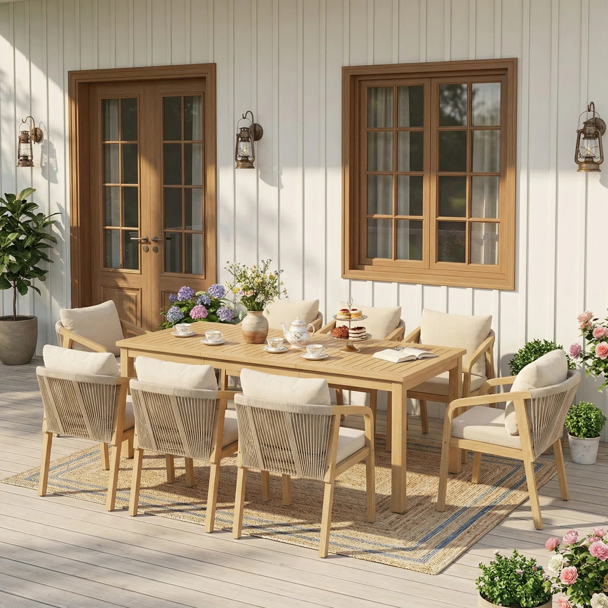 8-Person All Weather Acacia Wood Outdoor Dining Set With Umbrella Hole | Wayfair North America