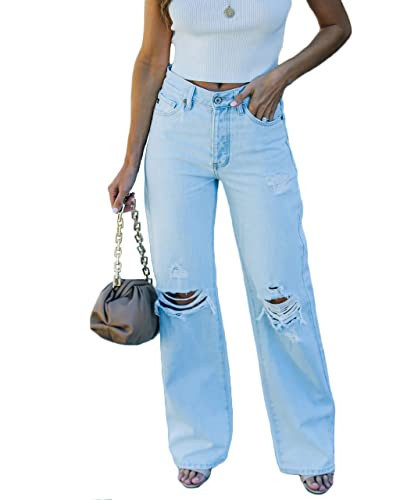 cffvdiz Womens Distressed Bootcut Jeans Mid Rise Ripped Baggy Straight Leg Denim Pants Light Blue XL | Amazon (US)