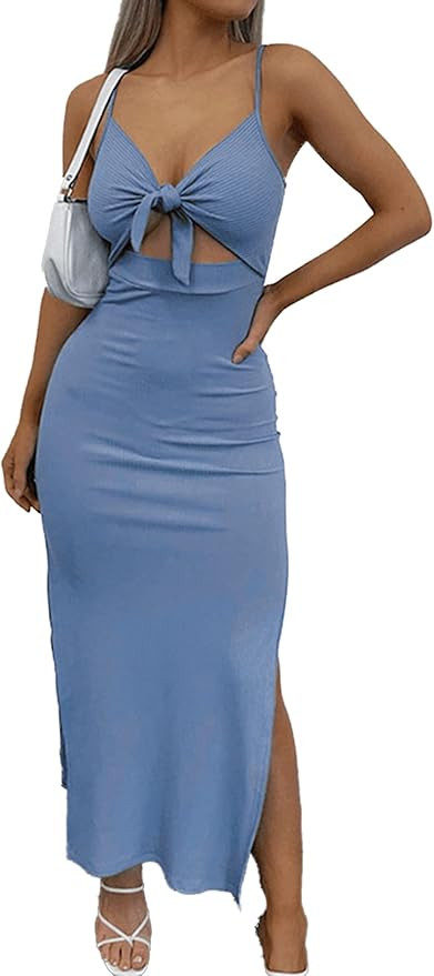 LYANER Women's Tie Knot Cut Out Side Split Hem Sleeveless Knit Bodycon Maxi Dress | Amazon (US)