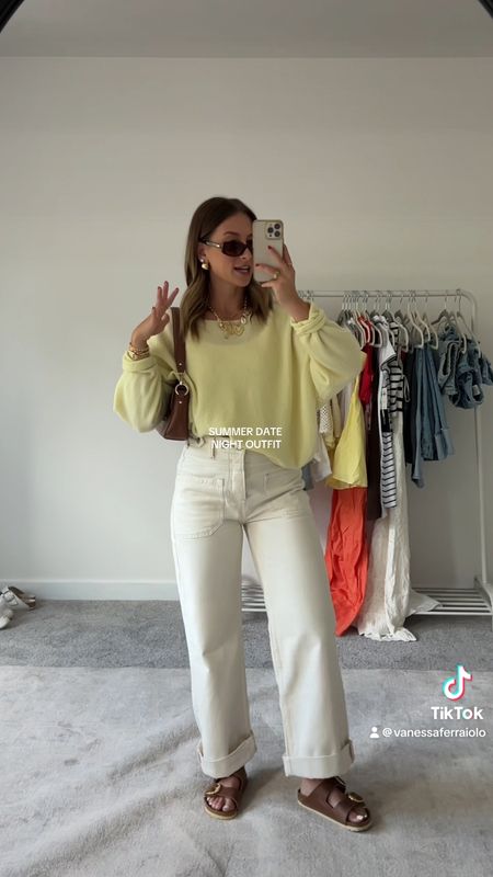 5/31/24 Date night outfit 🫶🏼 Casual summer outfits, free people pants, free people jeans, Birkenstock big buckle sandals, Birkenstock sandals, yellow sweater, yellow top, casual summer outfits, casual summer style, summer fashion 2024