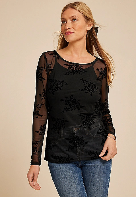 Studio Y Flocked Floral Mesh Top | Maurices