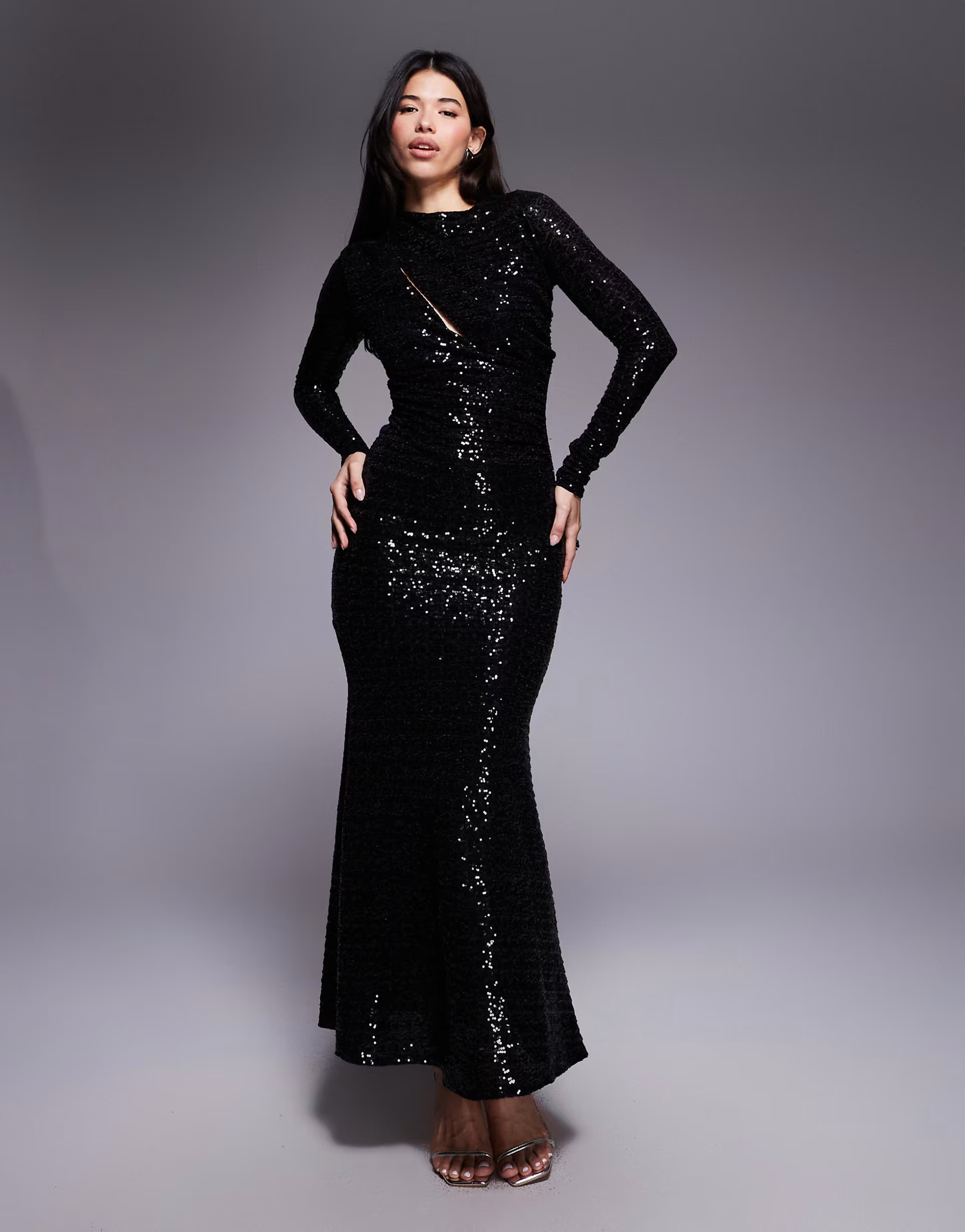 ASOS DESIGN sequin slash front draped maxi dress in black | ASOS (Global)