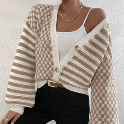 Women Casual Checkerboard Patchwork Striped Lantern Sleeve Cardigan, Autumn/Winter | SHEIN