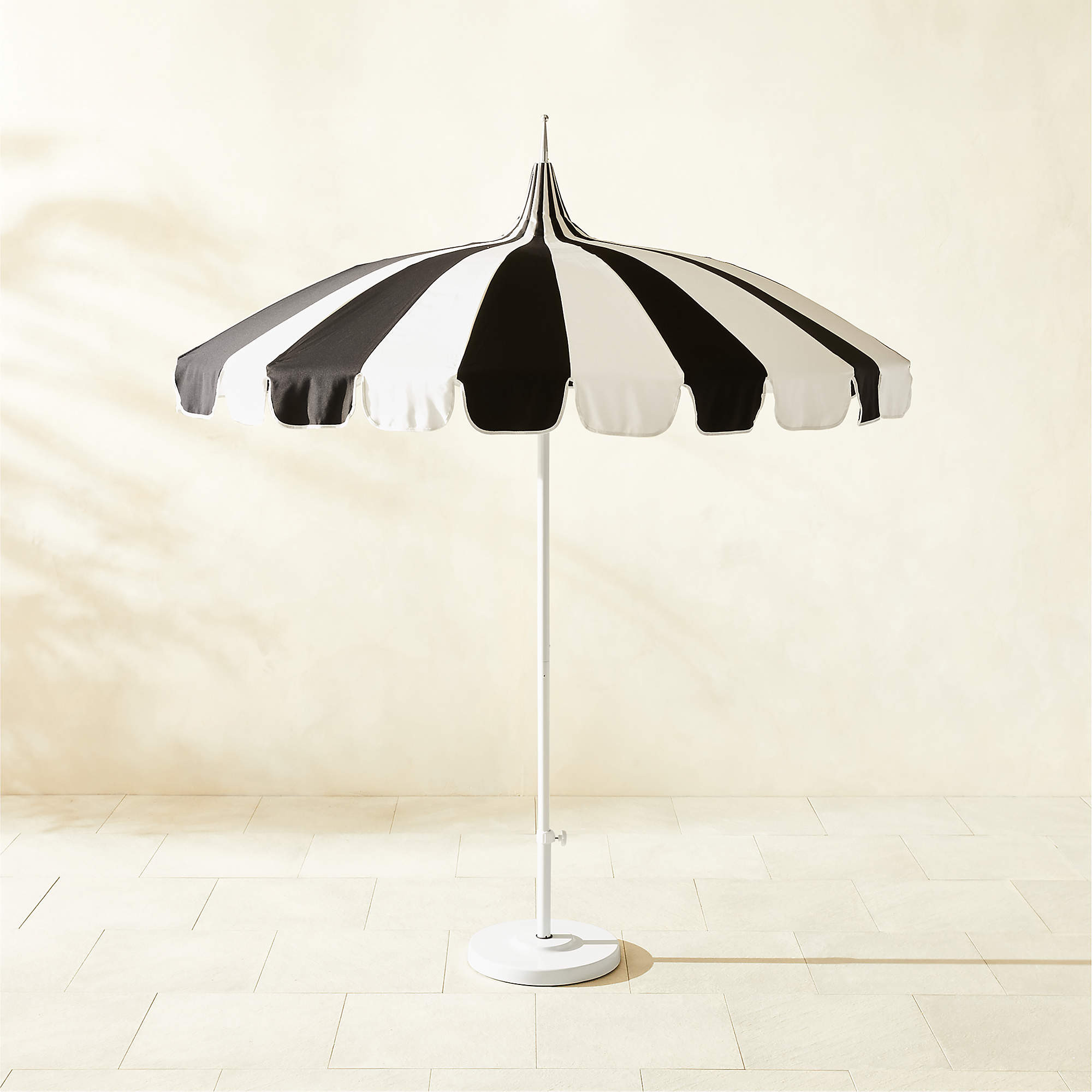 Pagoda 8.5' Round Black & Natural White Stripe Outdoor Umbrella with White Base + Reviews | CB2 | CB2