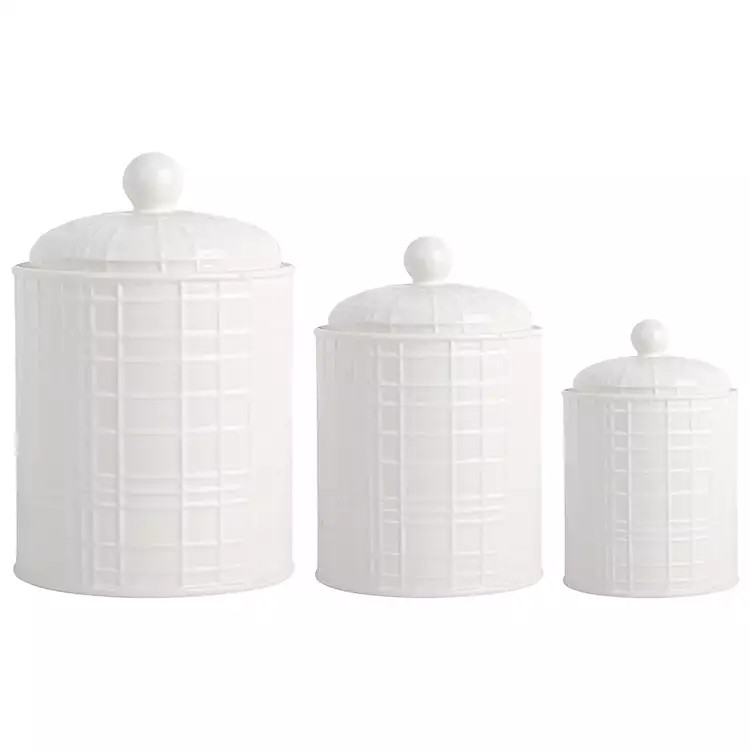 White Ceramic Grid Canisters, Set of 3 | Kirkland's Home