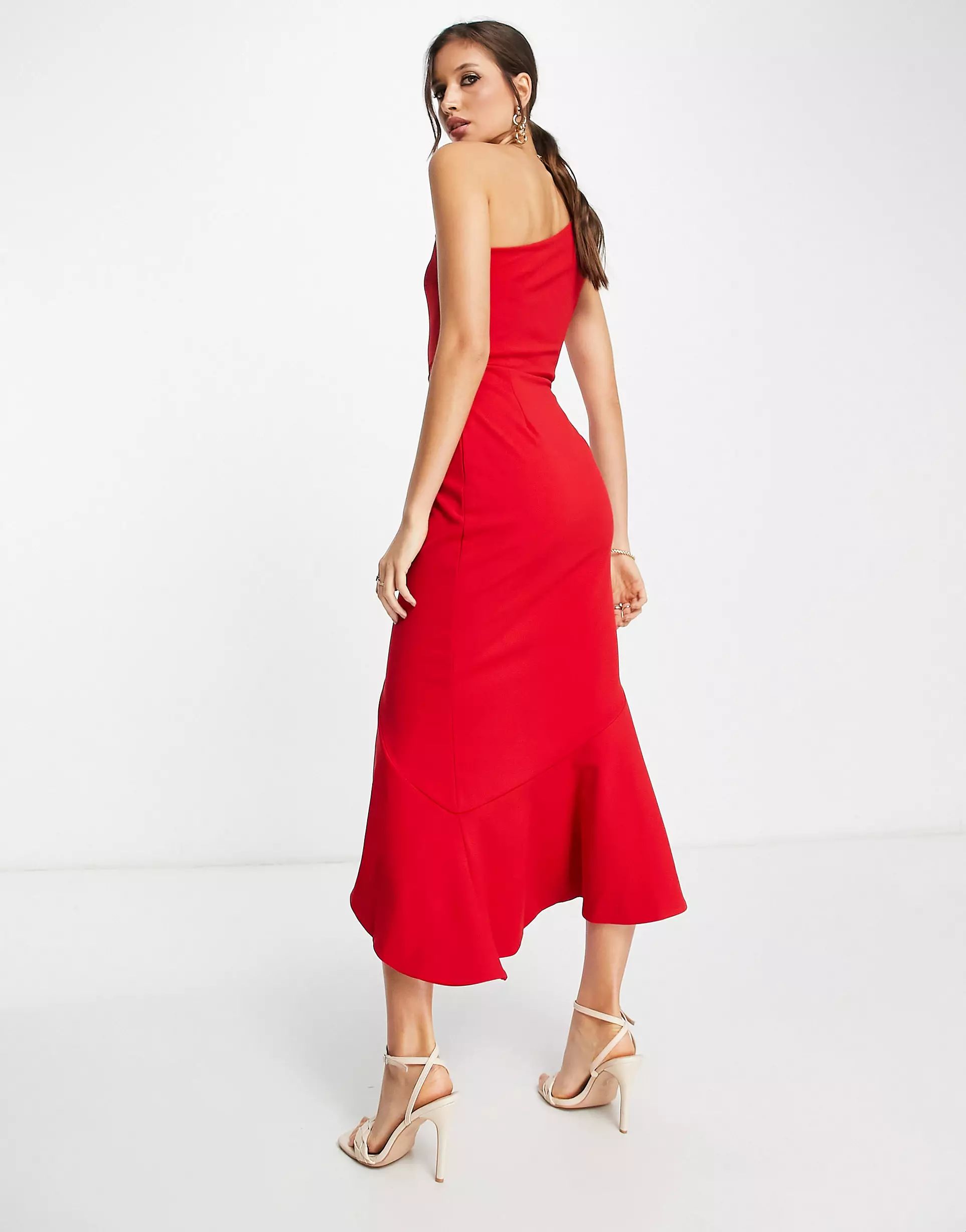 True Violet one shoulder ruffle midi dress in red | ASOS (Global)