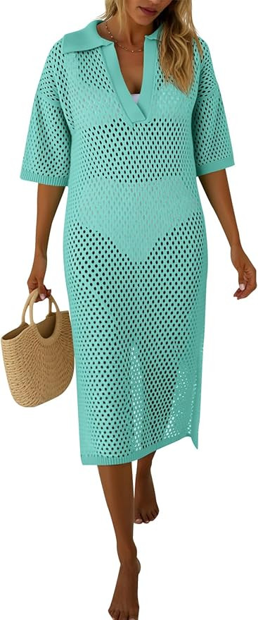 Fisoew Womens Crochet Swimsuit Coverup Summer Hollow Out Short Sleeve V Neck Bikini Coverups Vaca... | Amazon (US)